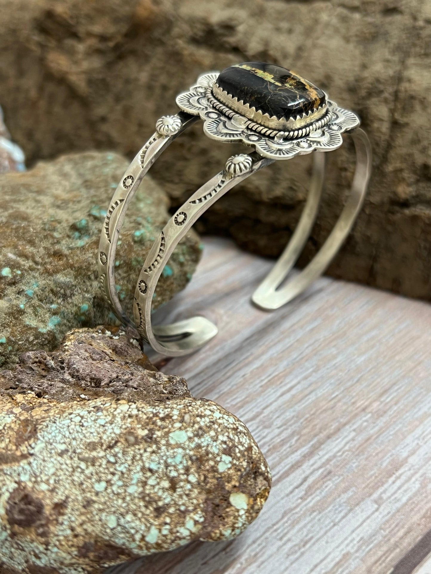 Handmade Sterling Silver Black Jack Cuff Bracelet with Signed Nizhoni