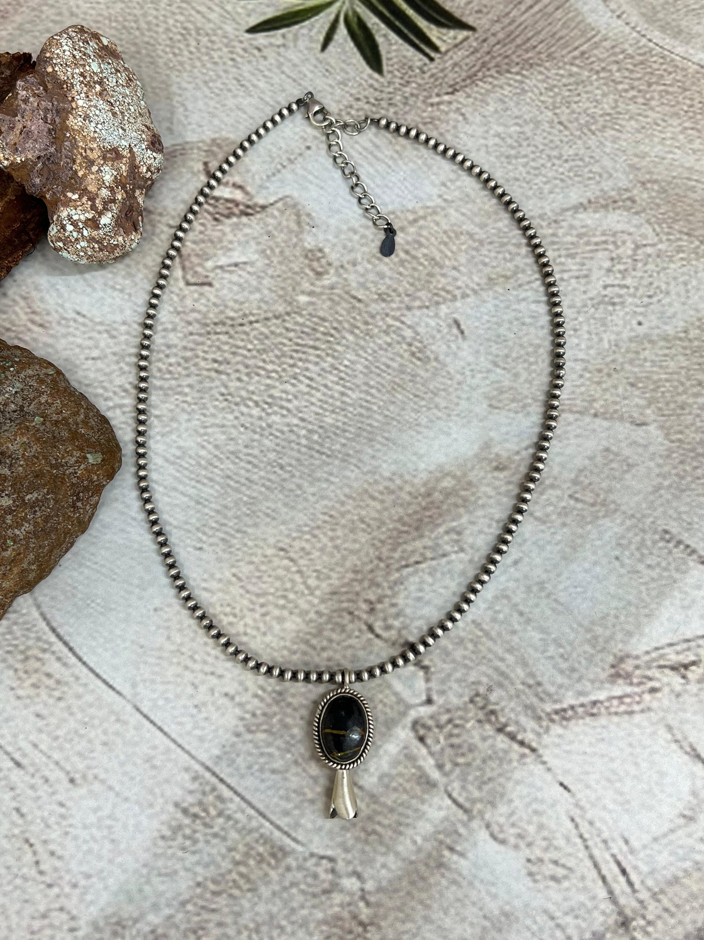 Handmade Sterling Silver Beaded Blackjack Turquoise Blossom Necklace Signed Nizhoni