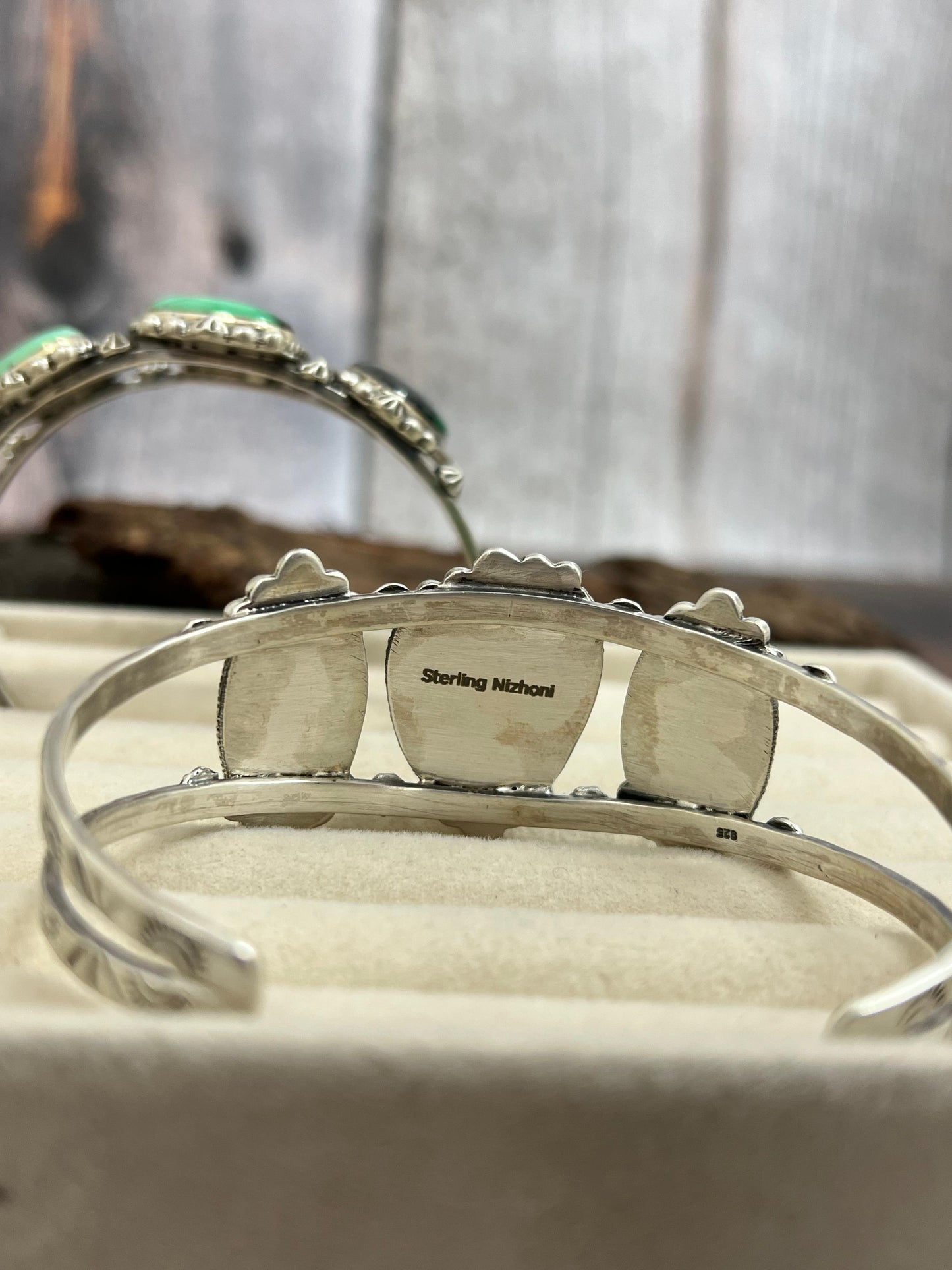 Handmade Sterling Silver Emerald Rose Cuff Bracelet with Signed Nizhoni