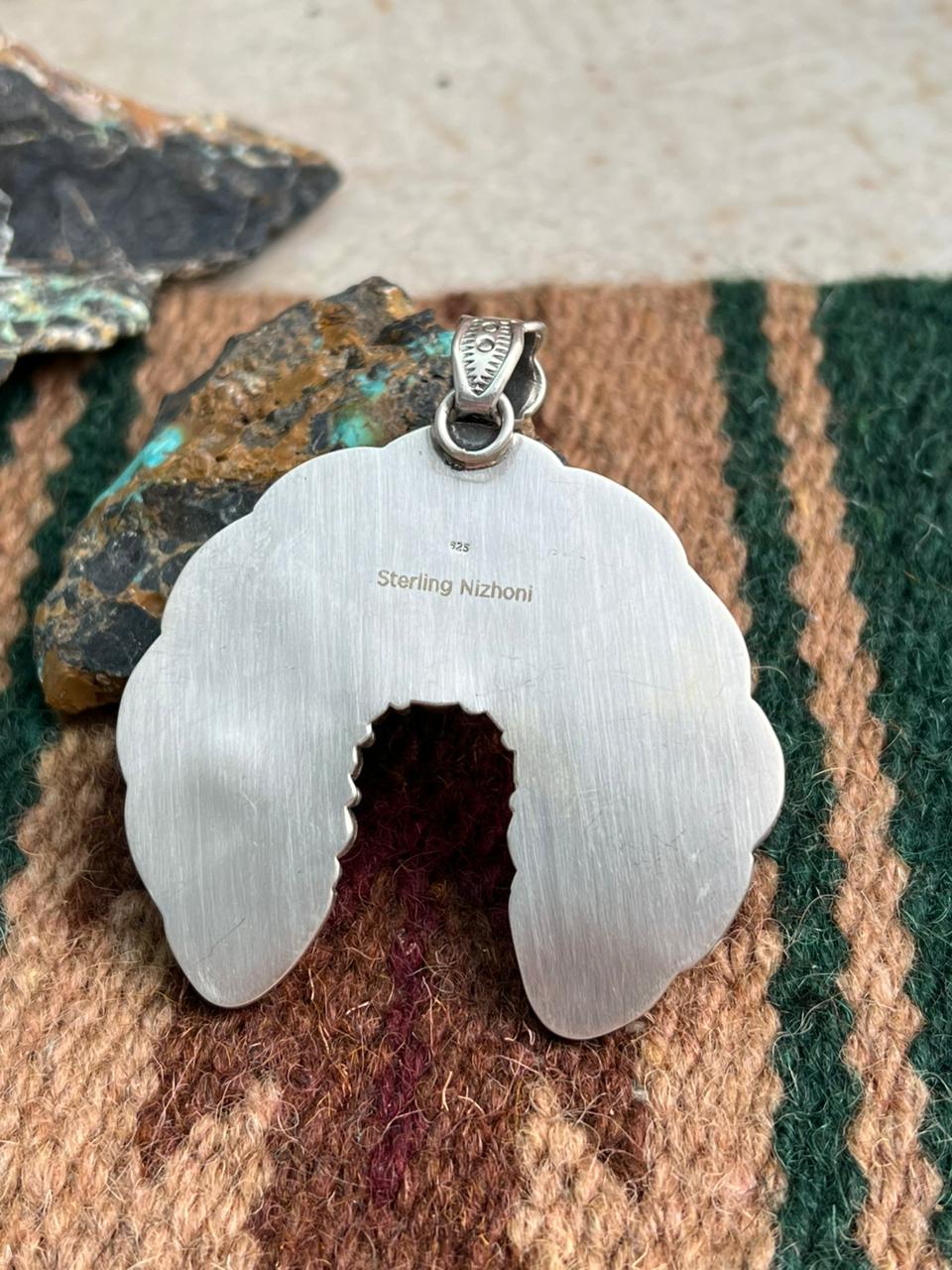 Handmade Sterling Silver Dahlia Rose with Emerald Valley Turquoise Pendant "Signed Nizhoni"