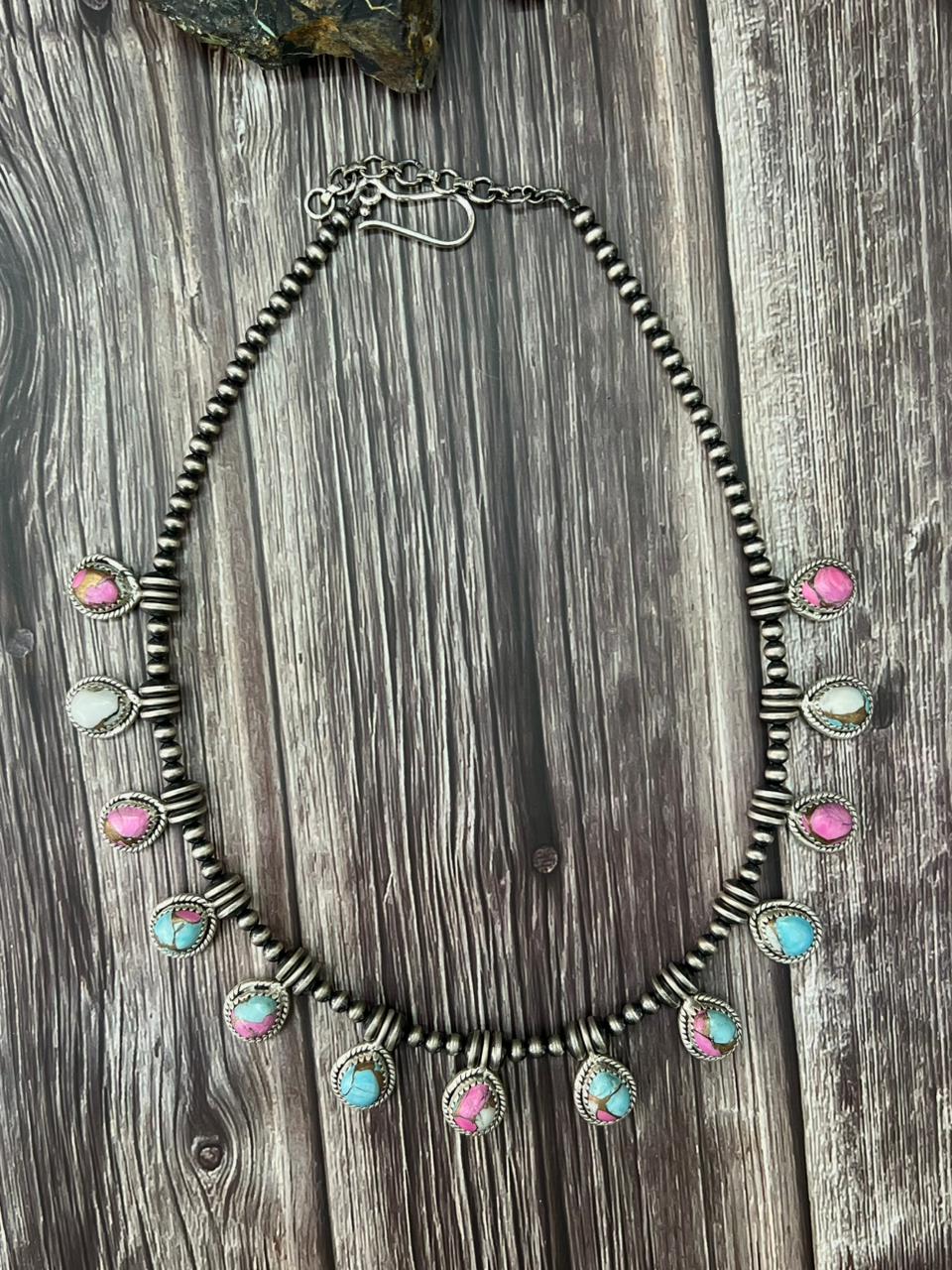 Handmade Sterling Silver Cotton Candy Beaded Necklace "Signed Nizhoni"