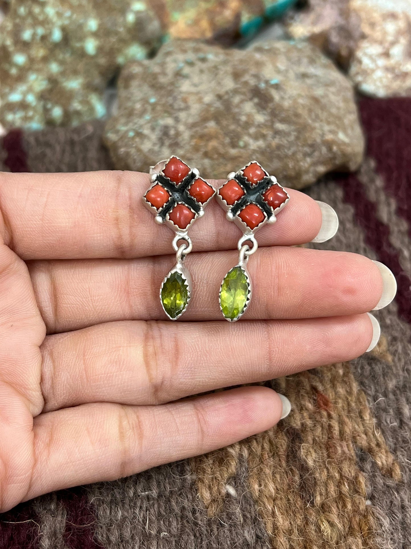 Christmas Collection Handmade Sterling Silver Coral with Peridot Post Dangle Earrings with Signed Nizhoni