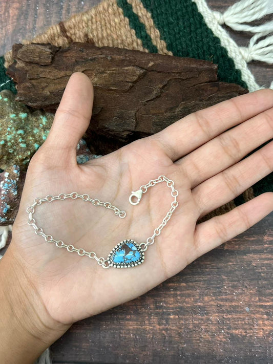 Handmade Sterling Silver Golden Hills Turquoise Chain Bracelet "Signed Nizhoni"