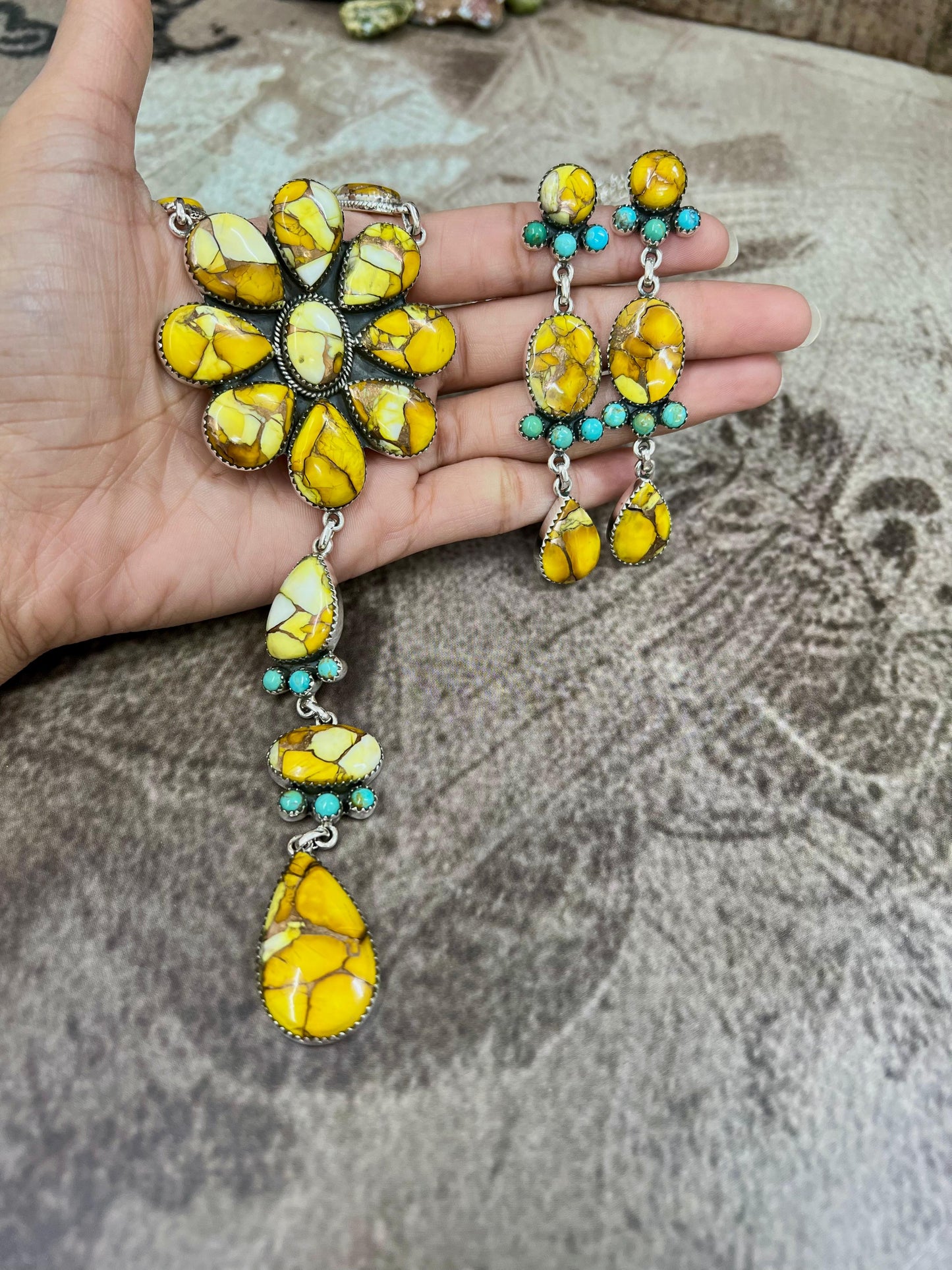 Handmade Sterling Silver Honey Dahlia with Kingman Turquoise Necklace Earrings Set, Signed Nizhoni