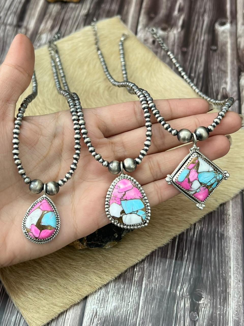Handmade Sterling Silver Cotton Candy Beaded Necklace "Signed Nizhoni"