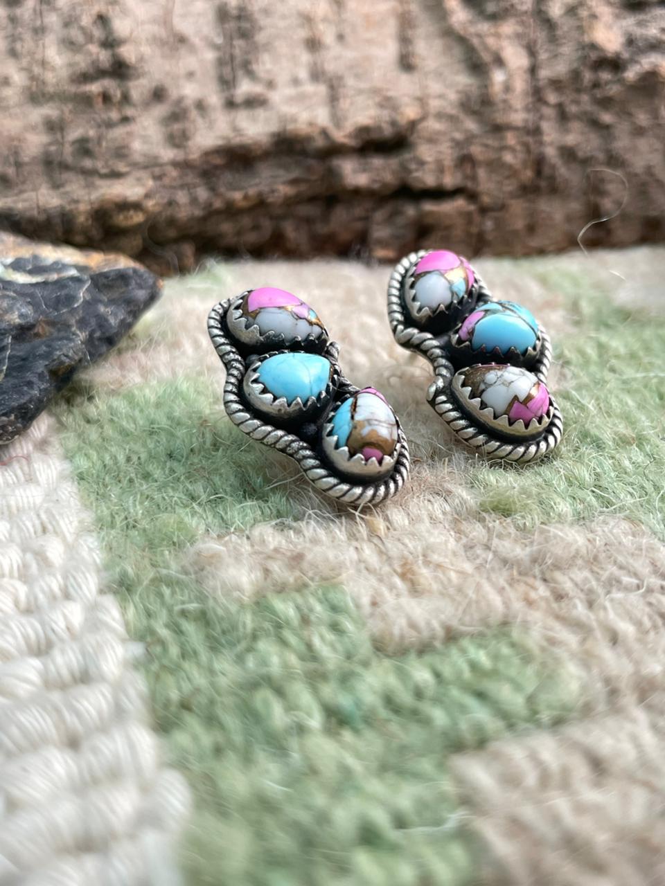 Handmade Sterling Silver Cotton Candy Post Studs Earrings "Signed Nizhoni"