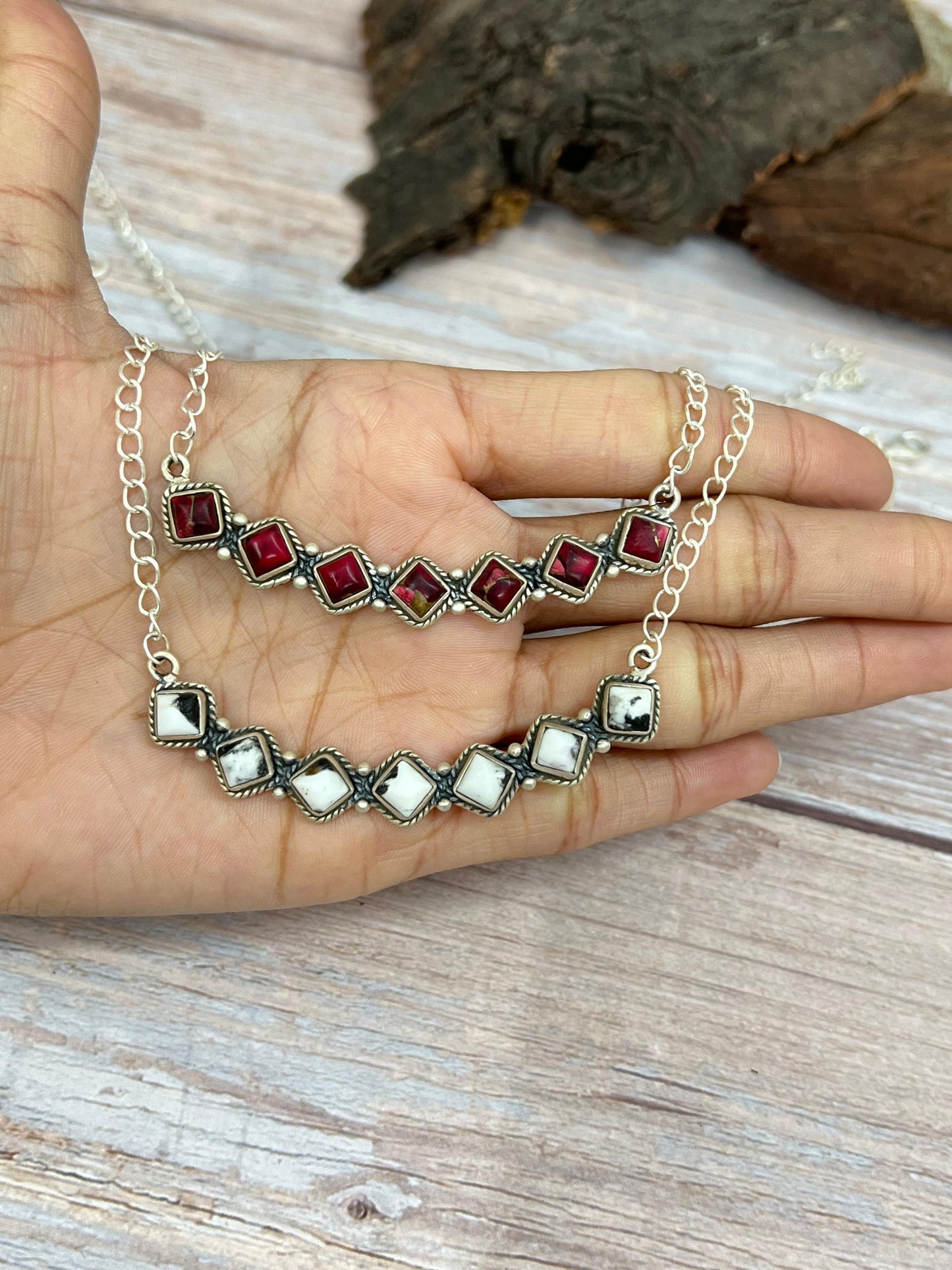 Handmade Sterling Silver White Buffalo, Dahlia Rose Necklace with Signed Nizhoni