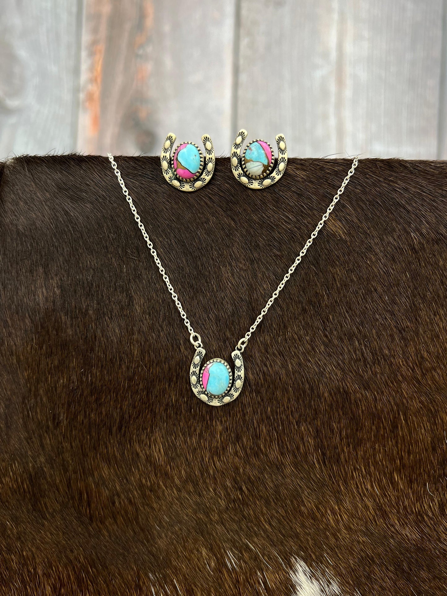 Handmade Sterling Silver Cotton Candy Turquoise Necklace Earrings Set, Signed Nizhoni