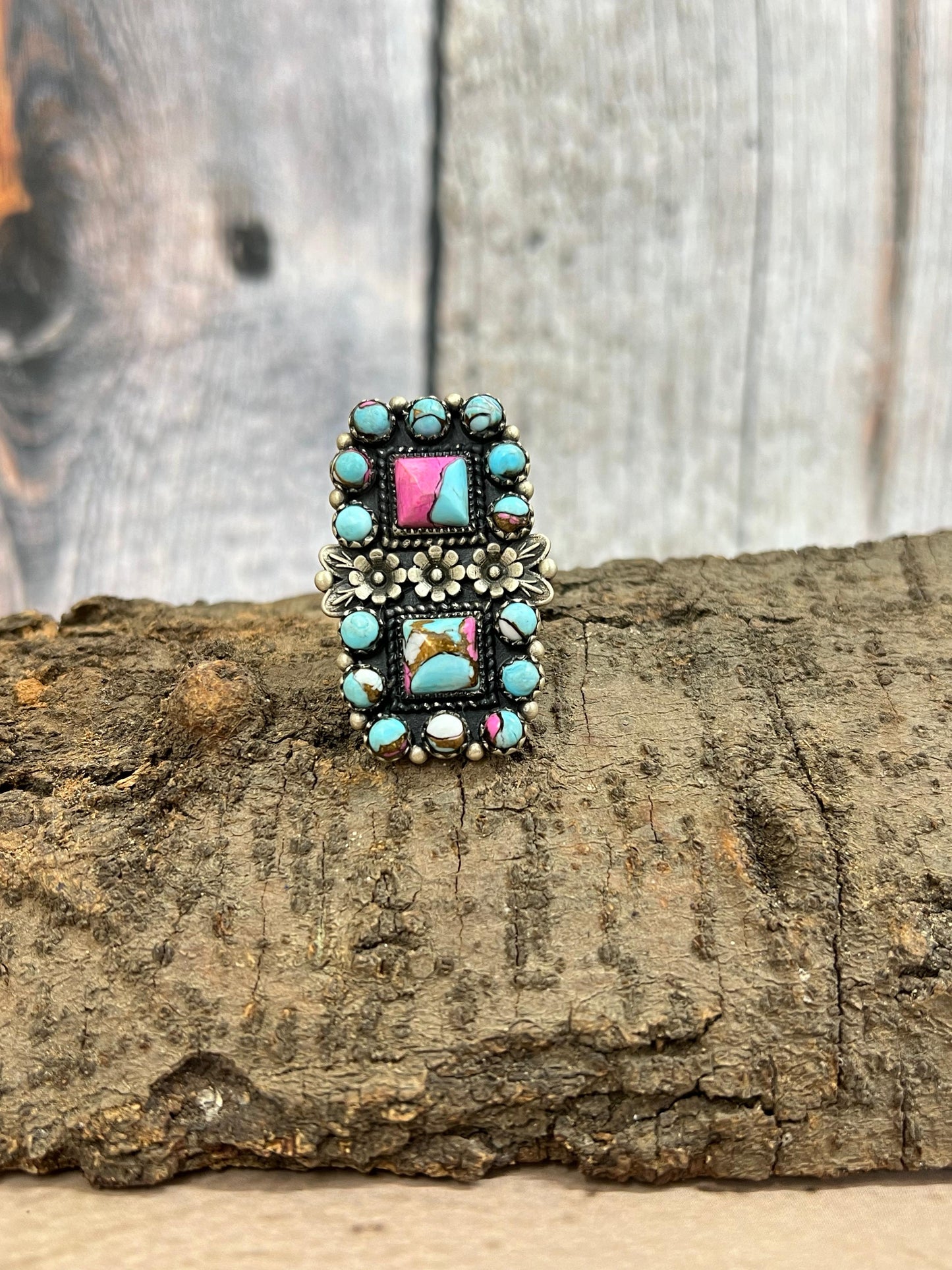 Handmade Sterling Silver Cotton Candy Turquoise Adjustable Rings with Signed Nizhoni