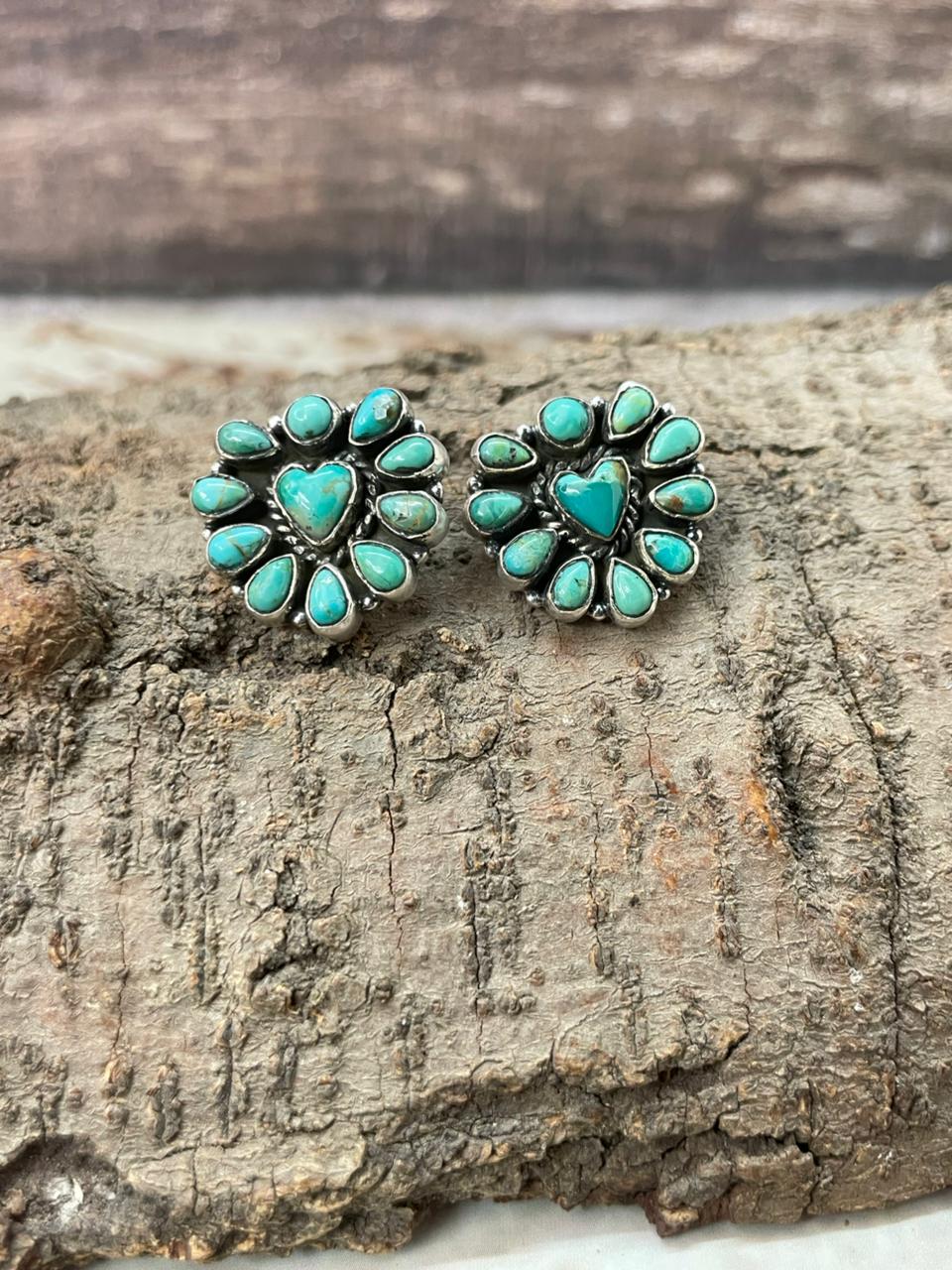 "Heart Collection" Handmade Sterling Silver Kingman Turquoise Post Studs Earrings "Signed Nizhoni"