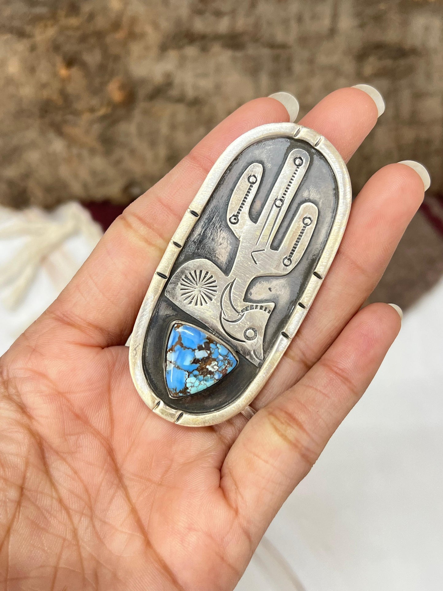 Handmade Sterling Silver with Golden Hills Turquoise Adjustable Ring with Signed Nizhoni