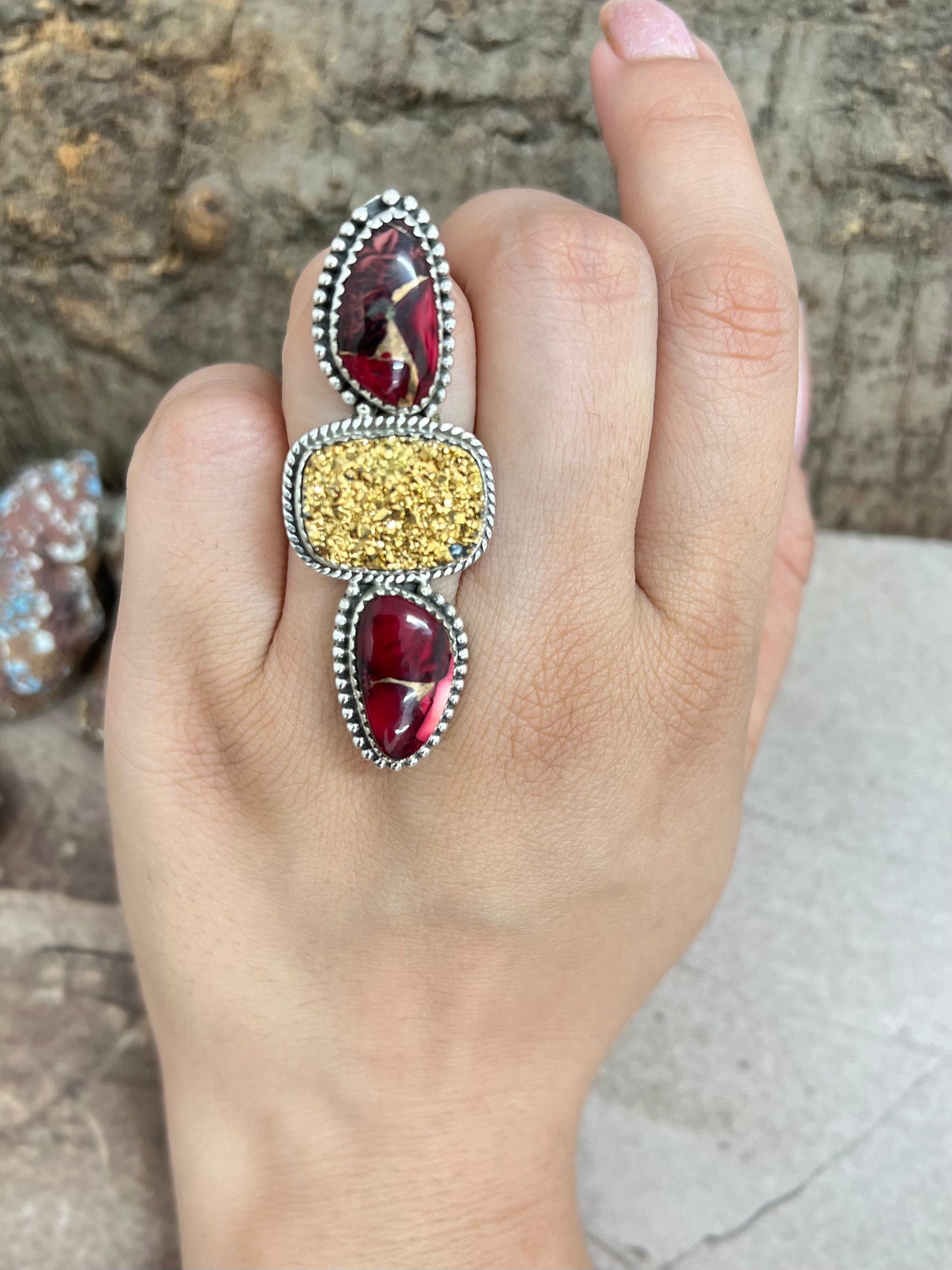 Handmade Sterling Silver Dahlia Rose with Druzy Adjustable Ring with Signed Nizhoni