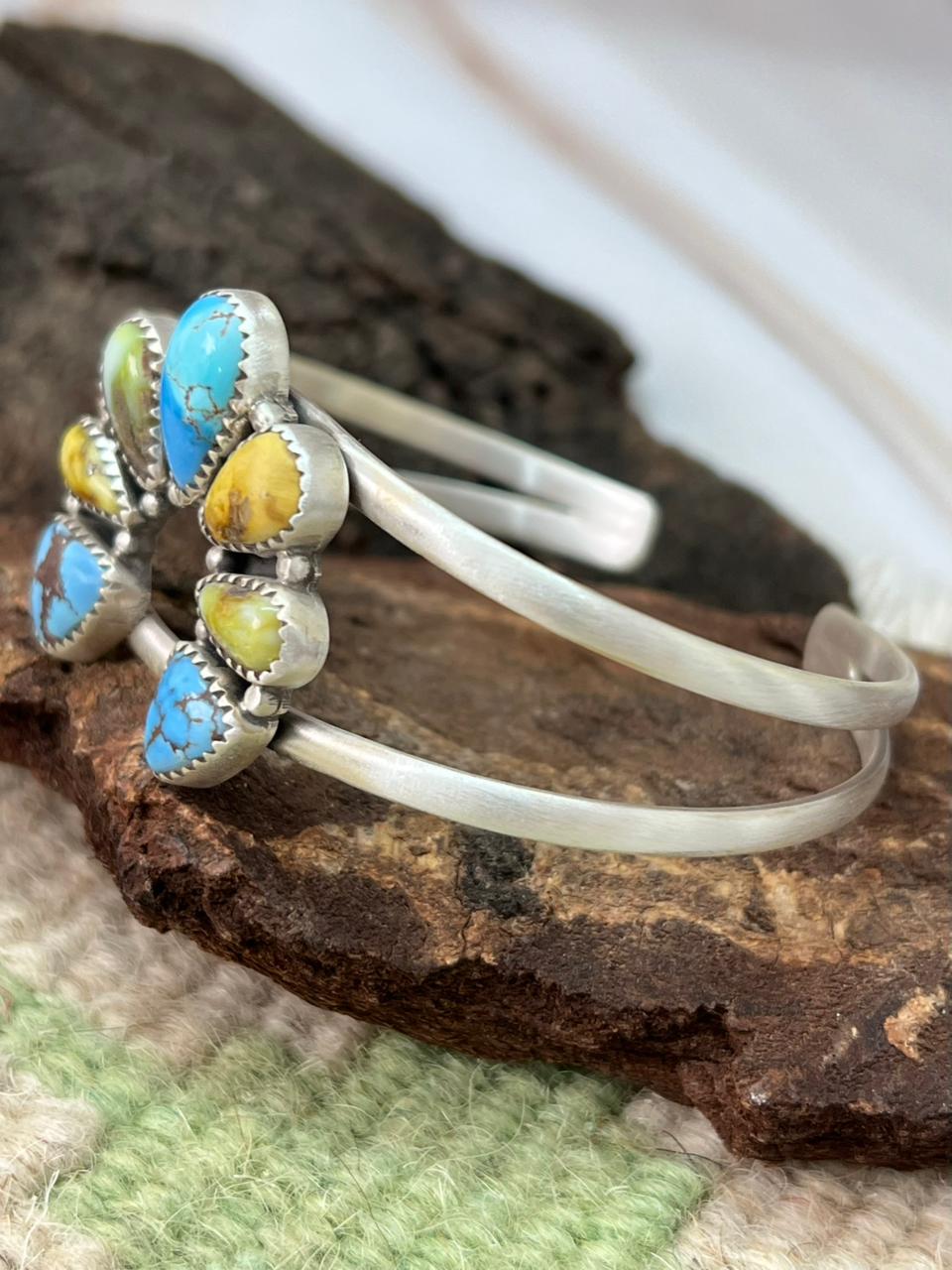 Handmade Sterling Silver Palomino with Golden Hills and Sonoran Turquoise Naja Bracelet "Signed Nizhoni"