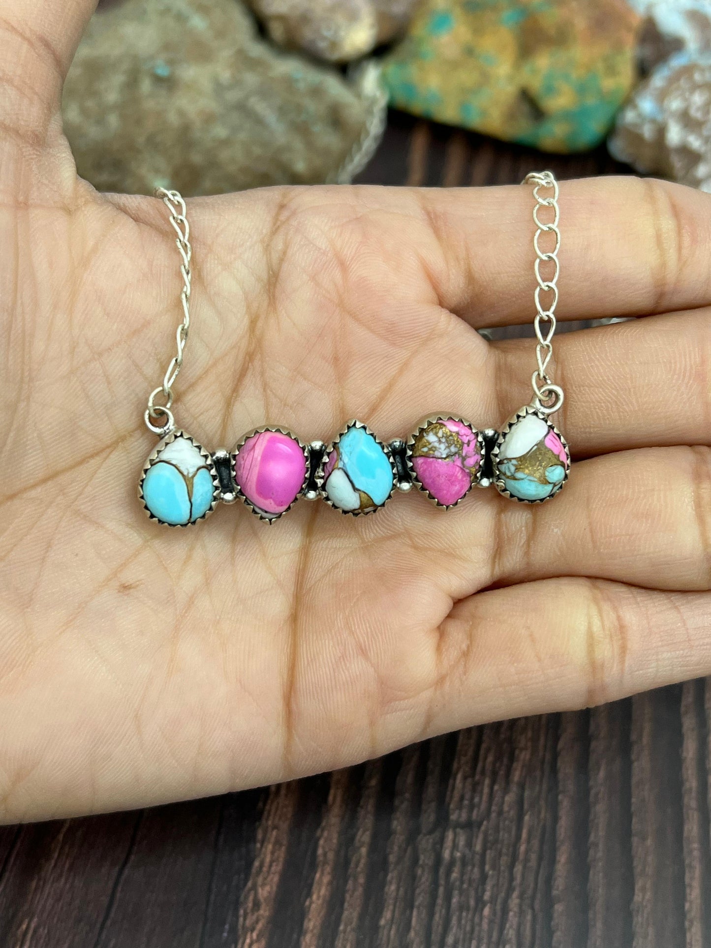 Handmade Sterling Silver Cotton Candy Turquoise Necklace with Signed Nizhoni