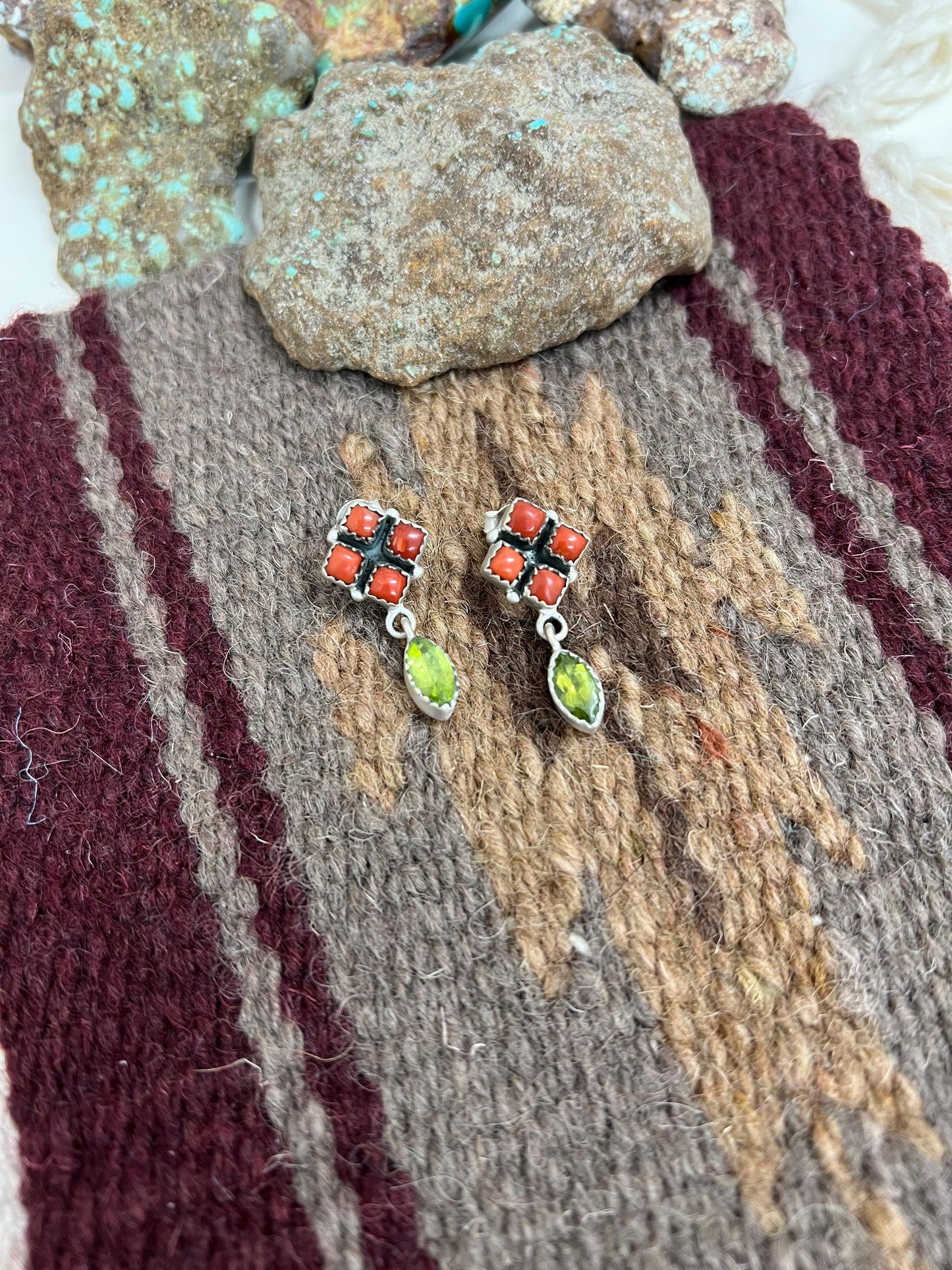 Christmas Collection Handmade Sterling Silver Coral with Peridot Post Dangle Earrings with Signed Nizhoni