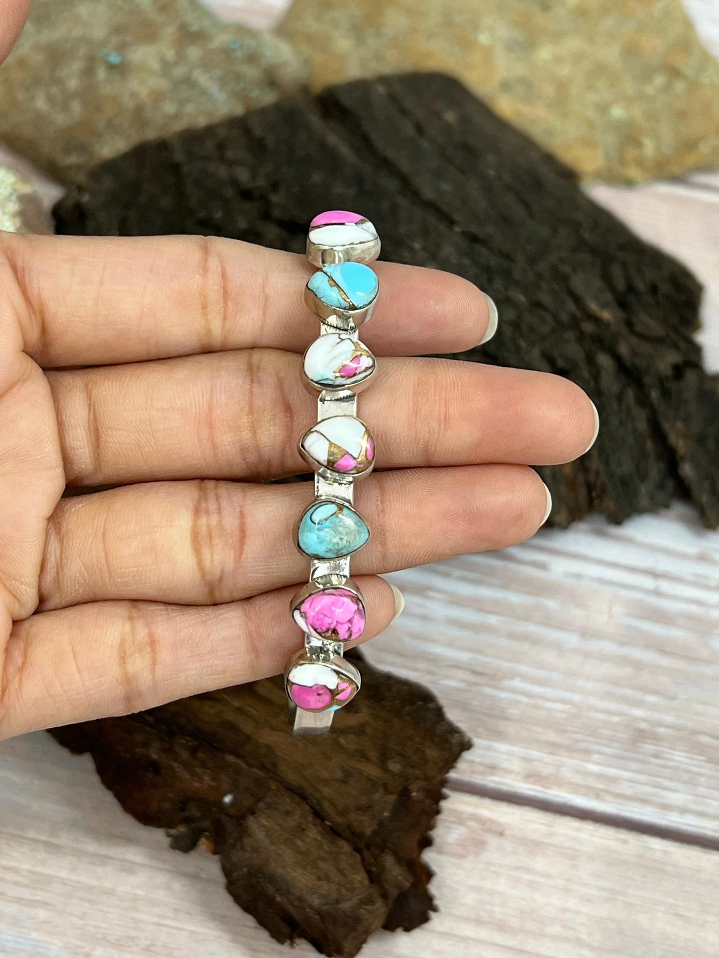 Handmade Sterling Silver Cotton Candy Turquoise Cuff Bracelet with Signed Nizhoni (6)