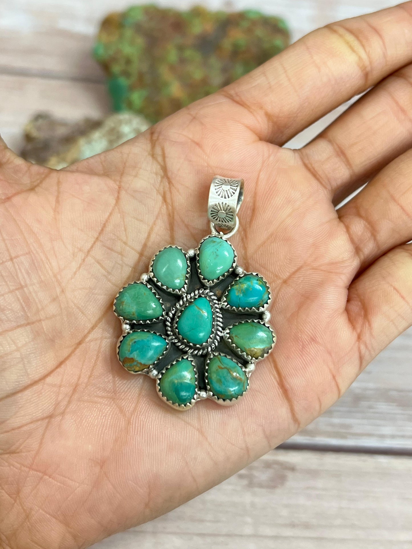 Handmade Sterling Silver Kingman Turquoise Pendant with Signed Nizhoni