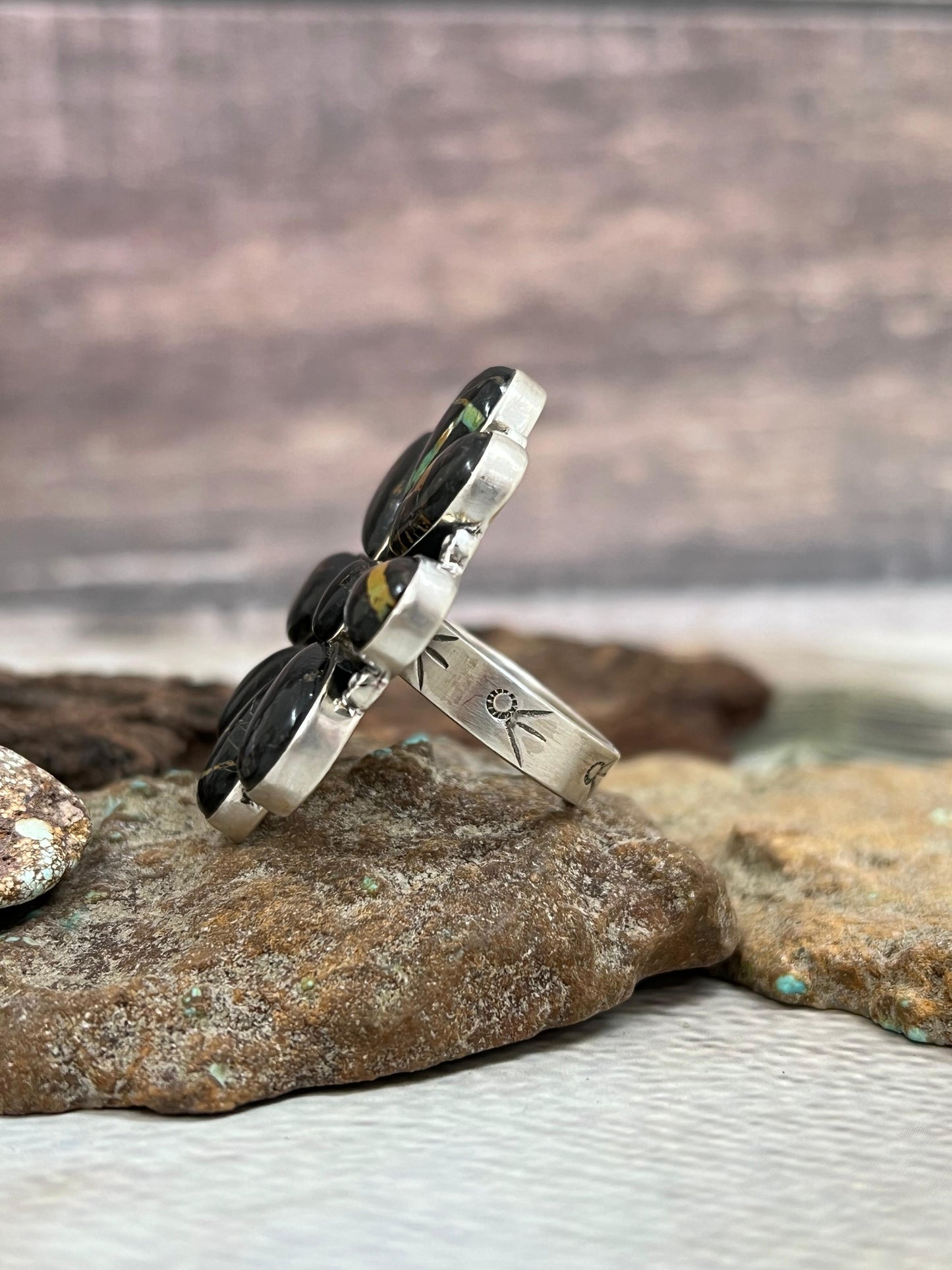 Handmade Sterling Silver Blackjack Turquoise Adjustable Ring Signed Nizhoni