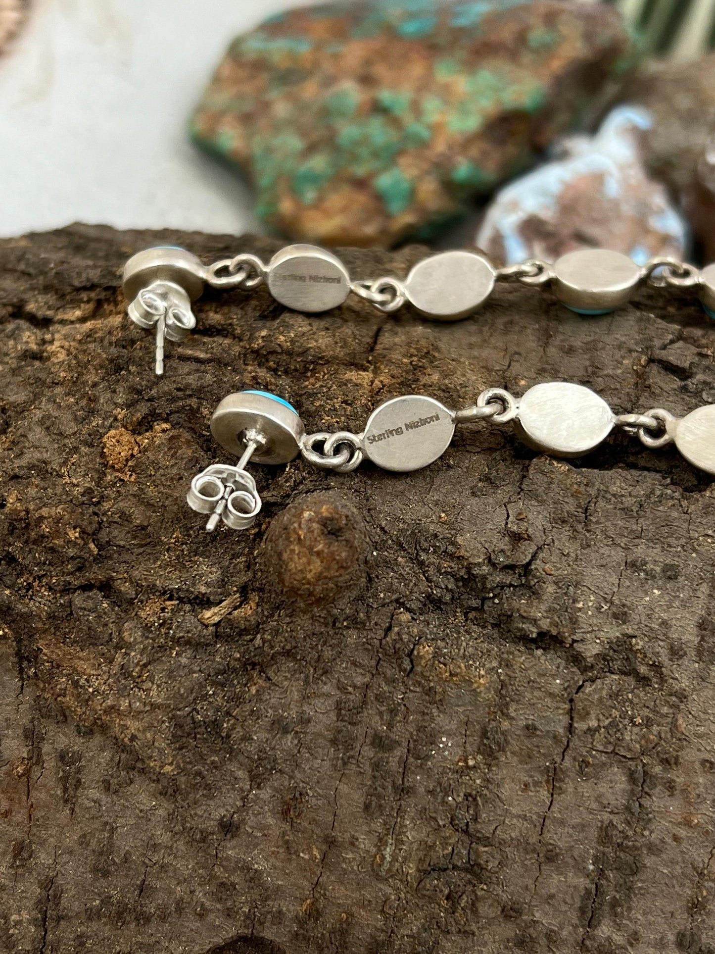 Handmade Sterling Silver Blue Bird Turquoise Dangle Earrings with Signed Nizhoni 9 Stone