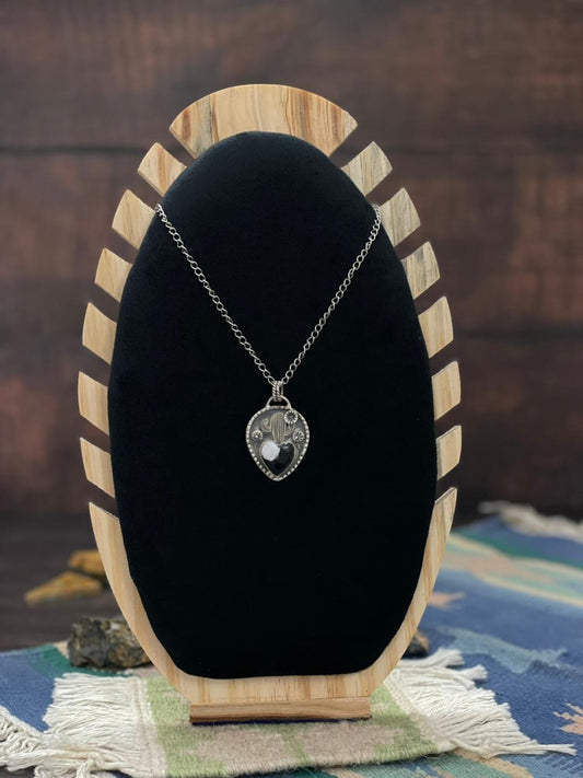 Handmade Sterling Silver White Buffalo Saguaro Cactus Necklace "Signed Nizhoni"