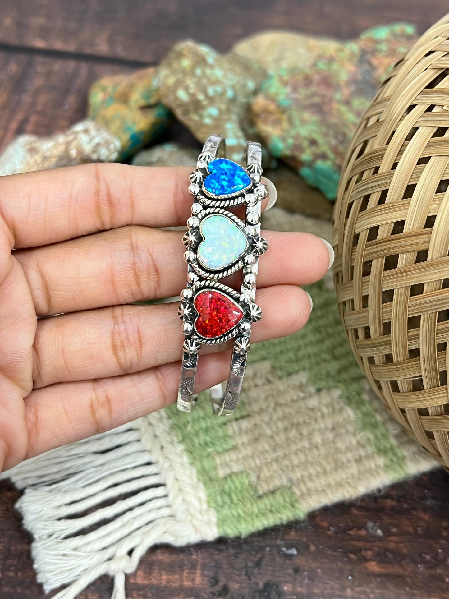 ** 4TH OF JULY ** Handmade Sterling Silver Synthetic Opal Cuff Bracelet with Signed Nizhoni