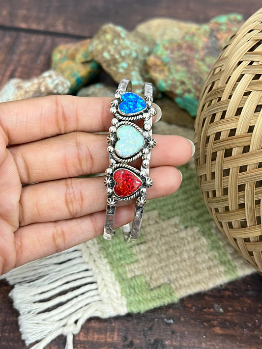 ** 4TH OF JULY ** Handmade Sterling Silver Synthetic Opal Cuff Bracelet with Signed Nizhoni