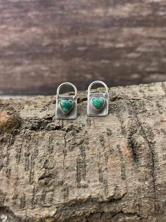 "Heart Collection" Handmade Sterling Silver Kingman Turquoise Post Studs Earrings "Signed Nizhoni"