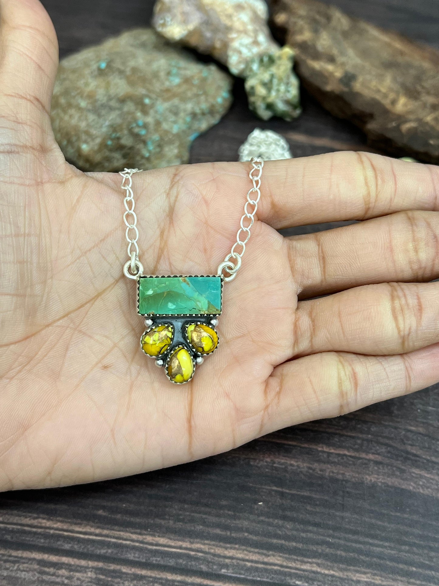 Handmade Sterling Silver Kingman with Honey Dahlia Necklace with Signed Nizhoni