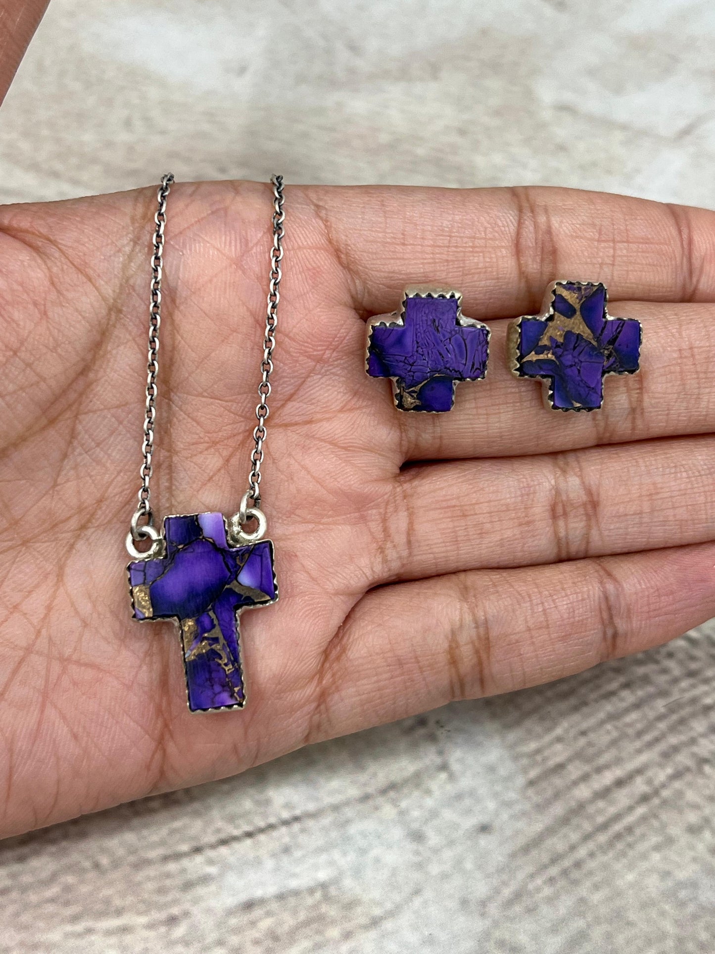 Handmade Sterling Silver Grape Dahlia Cross Necklace Earrings Set, Signed Nizhoni