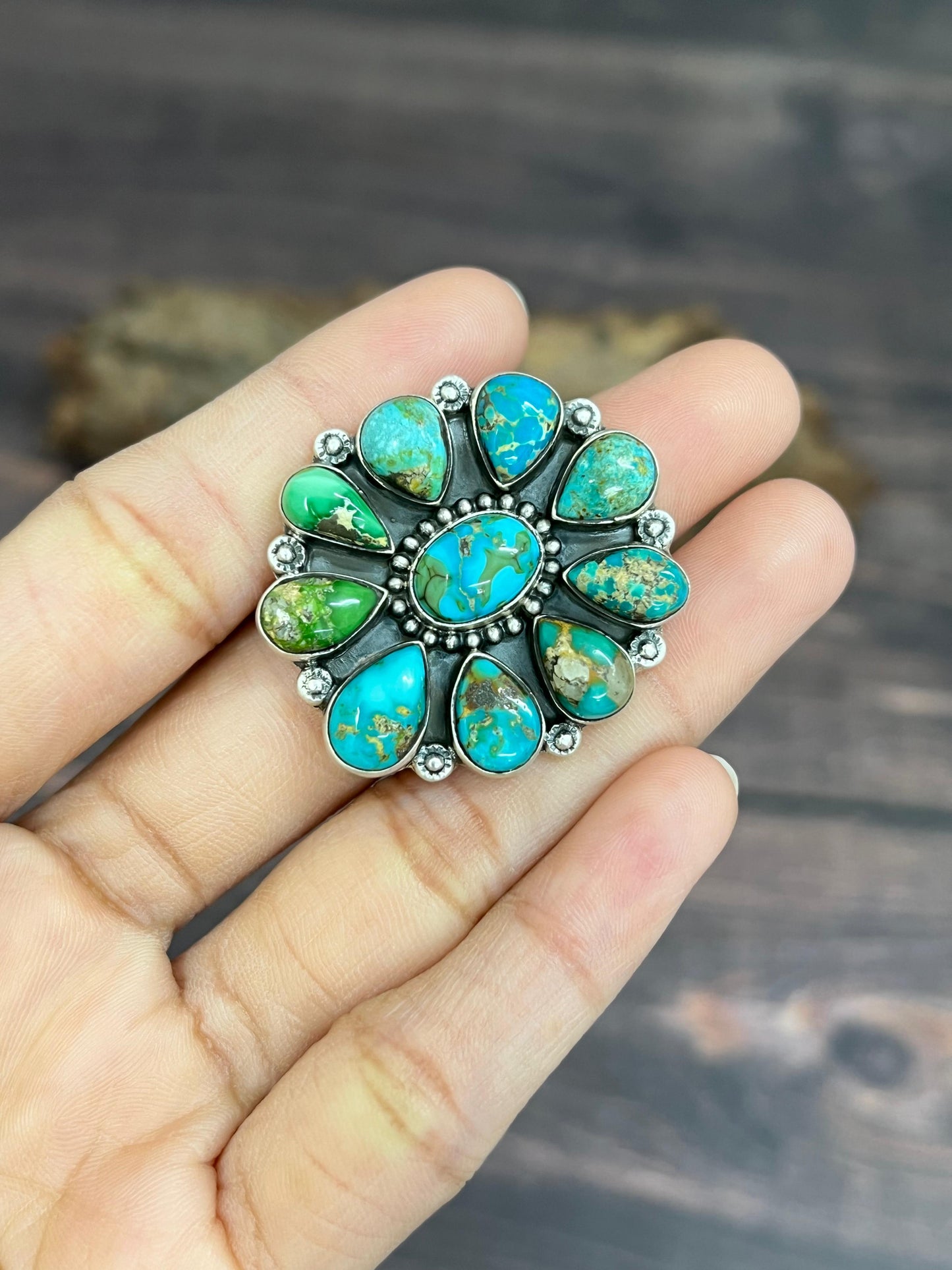 Handmade Sterling Silver South Hill Turquoise Adjustable Ring with Signed Nizhoni