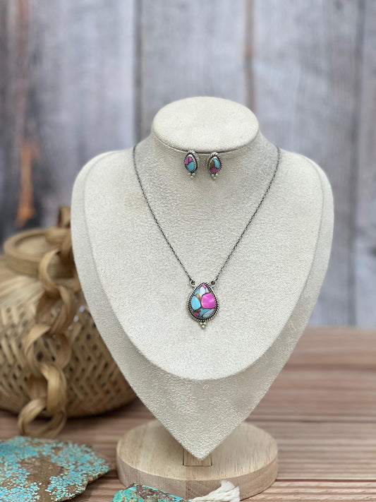 Handmade Sterling Silver Cotton Candy Turquoise Necklace Earrings Set, Signed Nizhoni