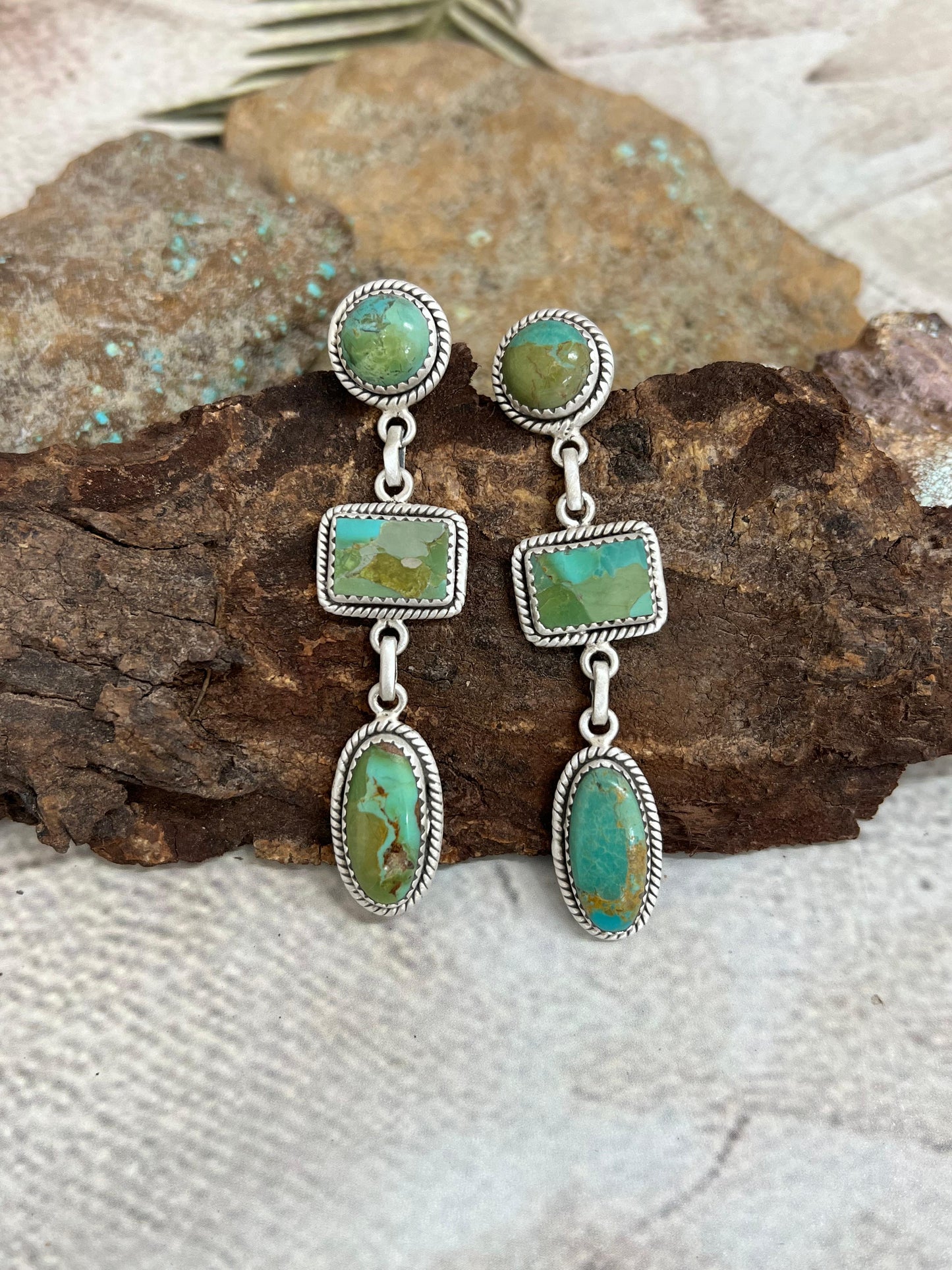 Handmade Sterling Silver Kingman Turquoise Post Dangle Earrings with Signed Nizhoni