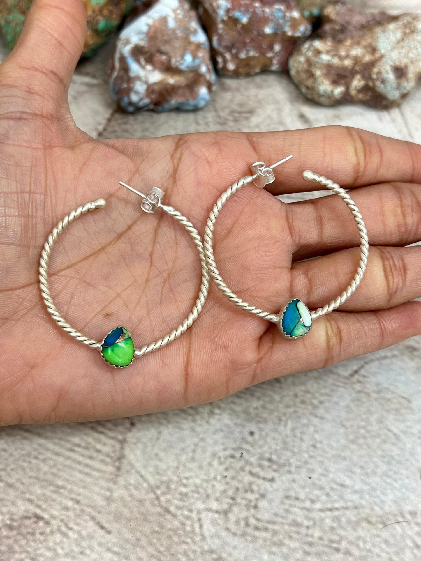 Handmade Sterling Silver Peacock Dahlia, Cotton Candy, Dahlia Rose Hoop Earrings, Signed Nizhoni