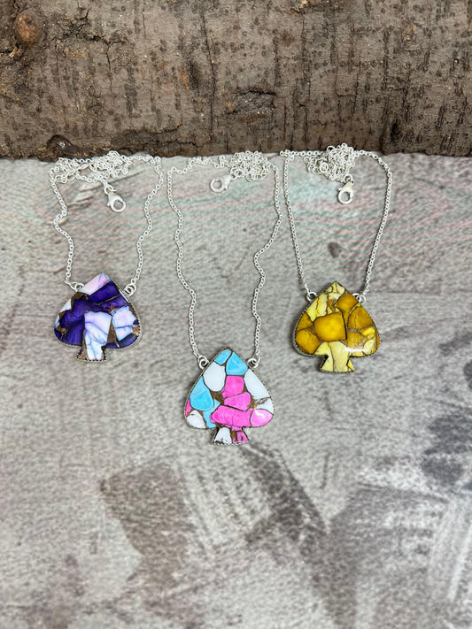 Handmade Sterling Silver Multi Stone Spade Necklace, Signed Nizhoni