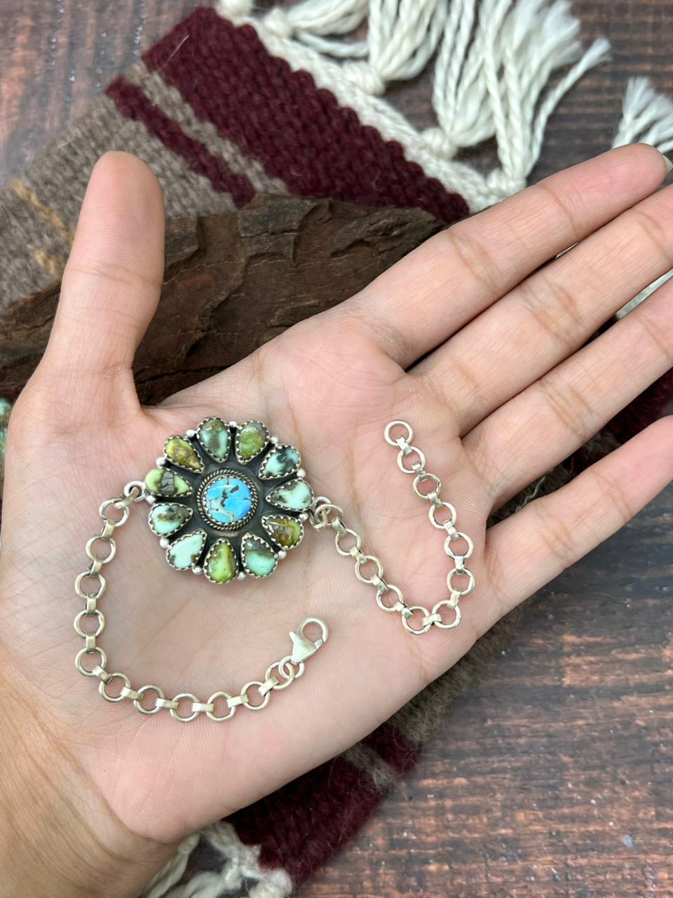 Handmade Sterling Silver Palomino with Golden Hills Turquoise Chain Bracelet "Signed Nizhoni"