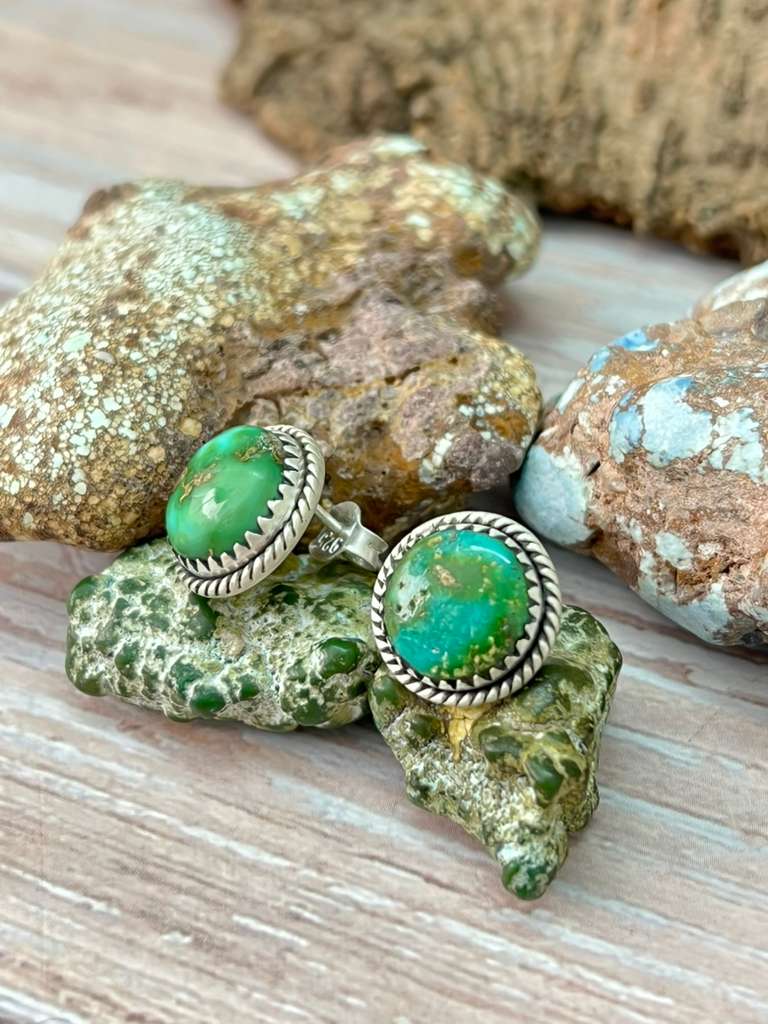 Handmade Sterling Silver Sonoran Mountain Turquoise Post Studs with Signed Nizhoni