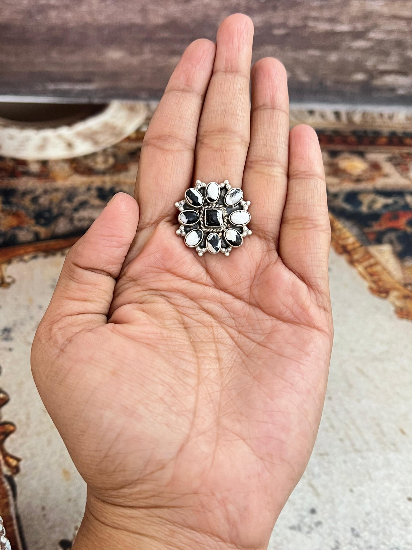 Handmade Sterling Silver White Buffalo Adjustable Ring, Signed Nizhoni
