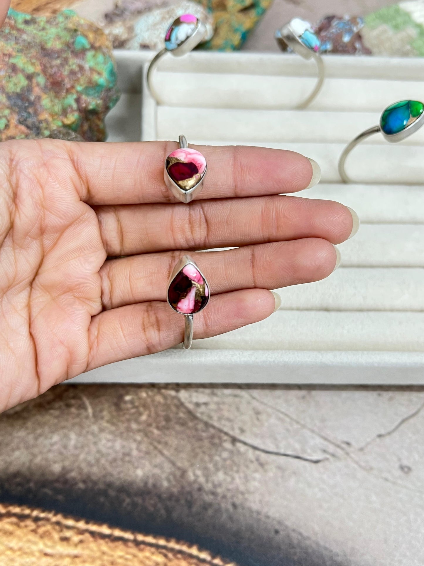 Handmade Sterling Silver Peacock Dahlia, Cotton Candy Turquoise, Dahlia Rose Cuff Bracelet with Signed Nizhoni