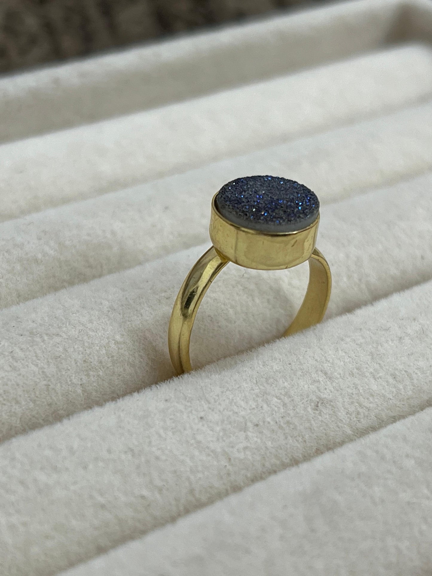 “The Boho Collection” Handmade Blue Circle Druzy Adjustable Ring Signed Nizhoni