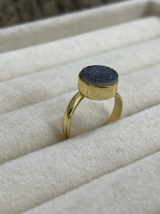 “The Boho Collection” Handmade Blue Circle Druzy Adjustable Ring Signed Nizhoni