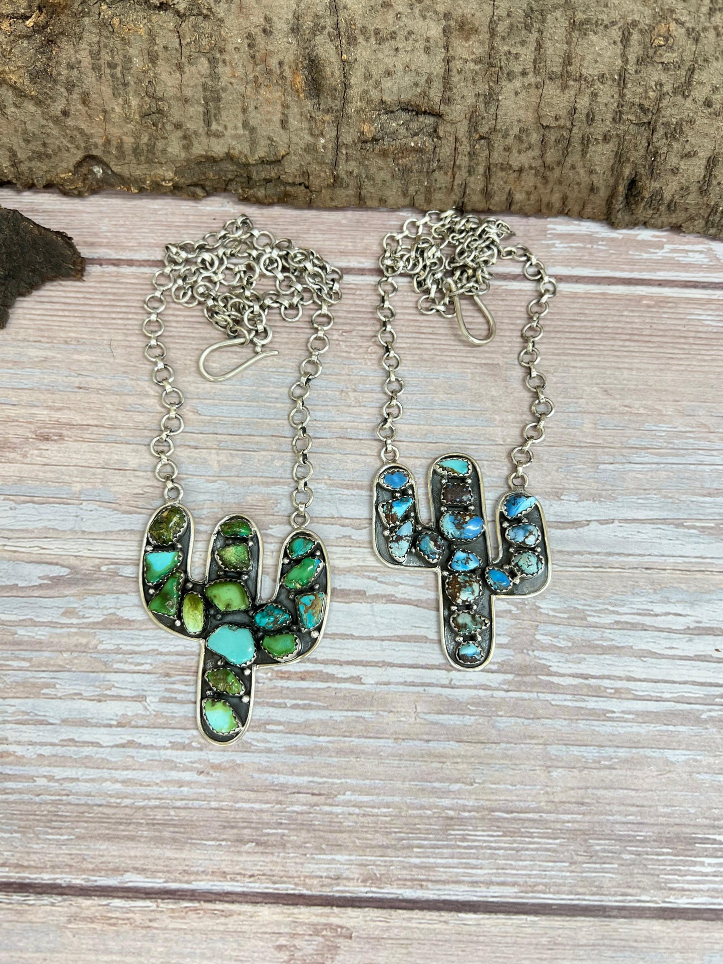 Handmade Sterling Silver Golden Hill Turquoise, Sonoran Saguaro Cactus Necklace with Signed Nizhoni