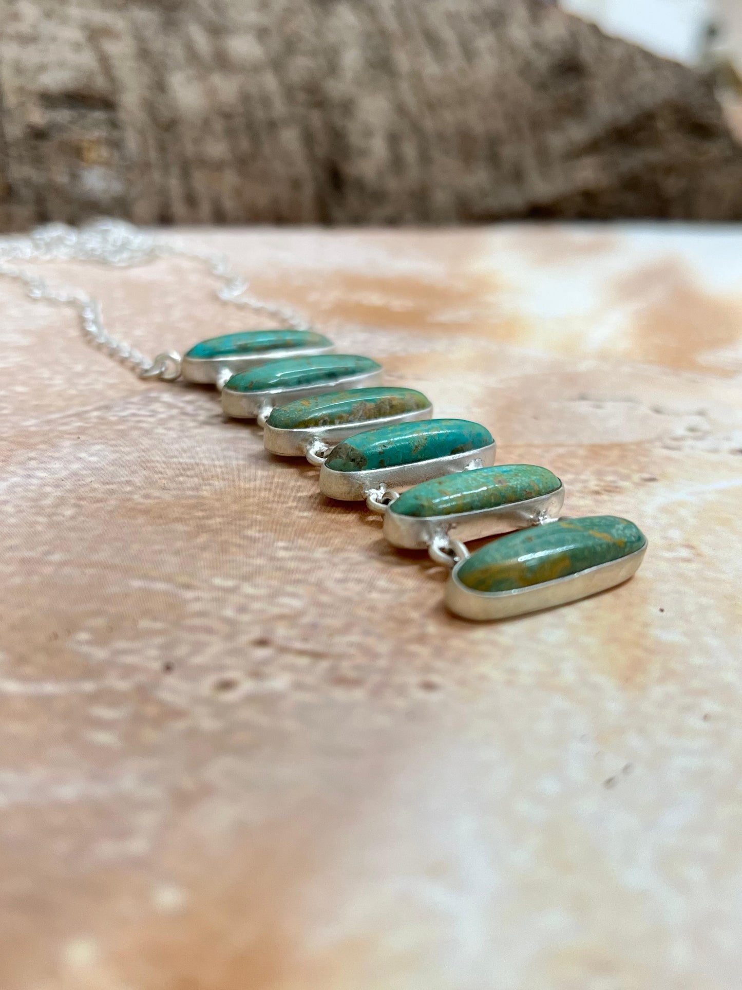 Handmade Sterling Silver Royston Turquoise Stairs Style Necklace with Signed Nizhoni