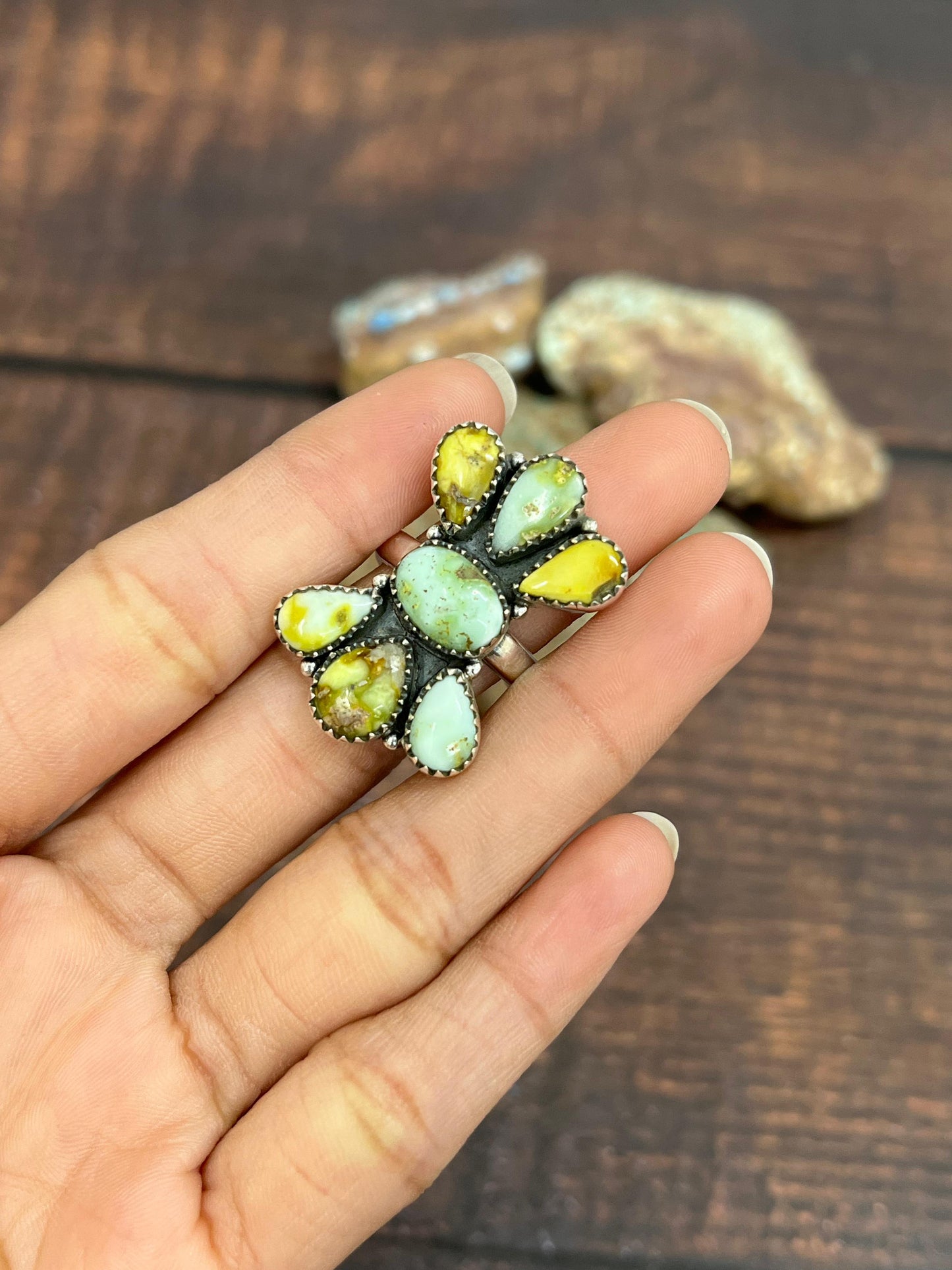 Handmade Sterling Silver Palomino Turquoise Adjustable Ring with Signed Nizhoni