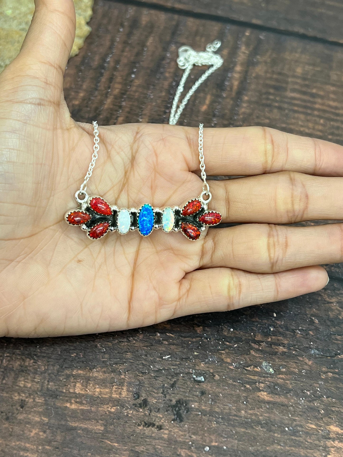 ** 4TH OF JULY ** Handmade Sterling Silver Synthetic Opal Necklace with Signed Nizhoni