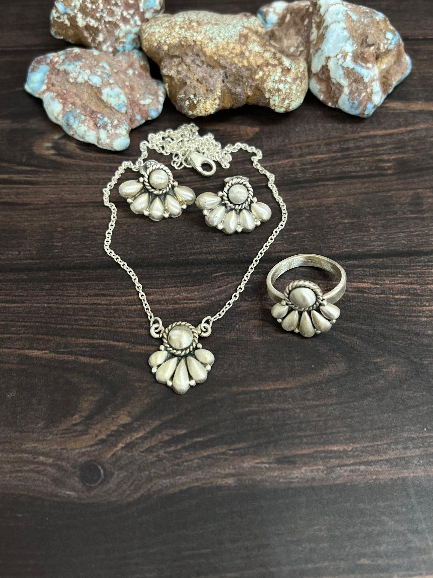 Handmade 'Sterling Silver' Necklace Earrings and Ring Set with Signed Nizhoni