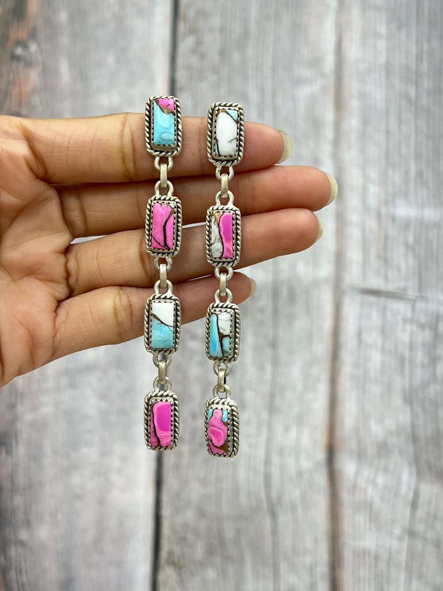 Handmade Sterling Silver Cotton Candy Turquoise Post Earrings with Signed Nizhoni