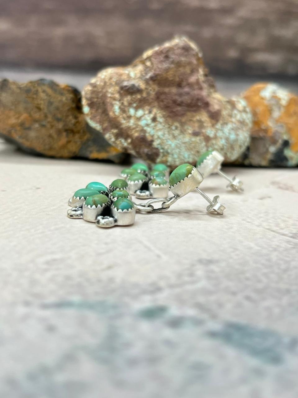 Handmade Sterling Silver Kingman Turquoise Post Dangle Earrings "Signed Nizhoni"