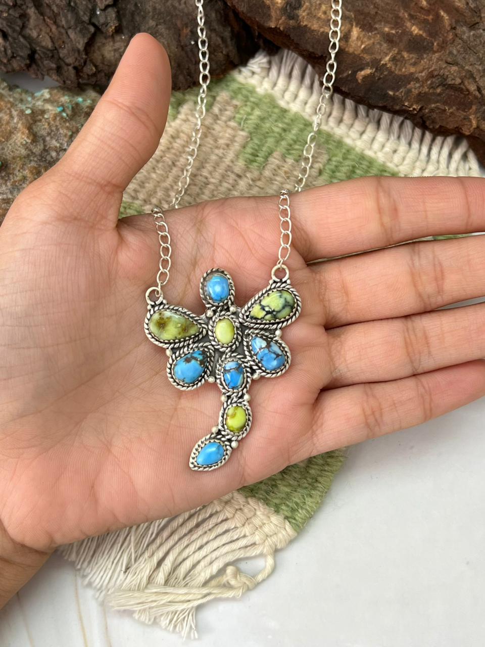Handmade Sterling Silver Palomino with Golden Hills Turquoise Butterfly Necklace "Signed Nizhoni"