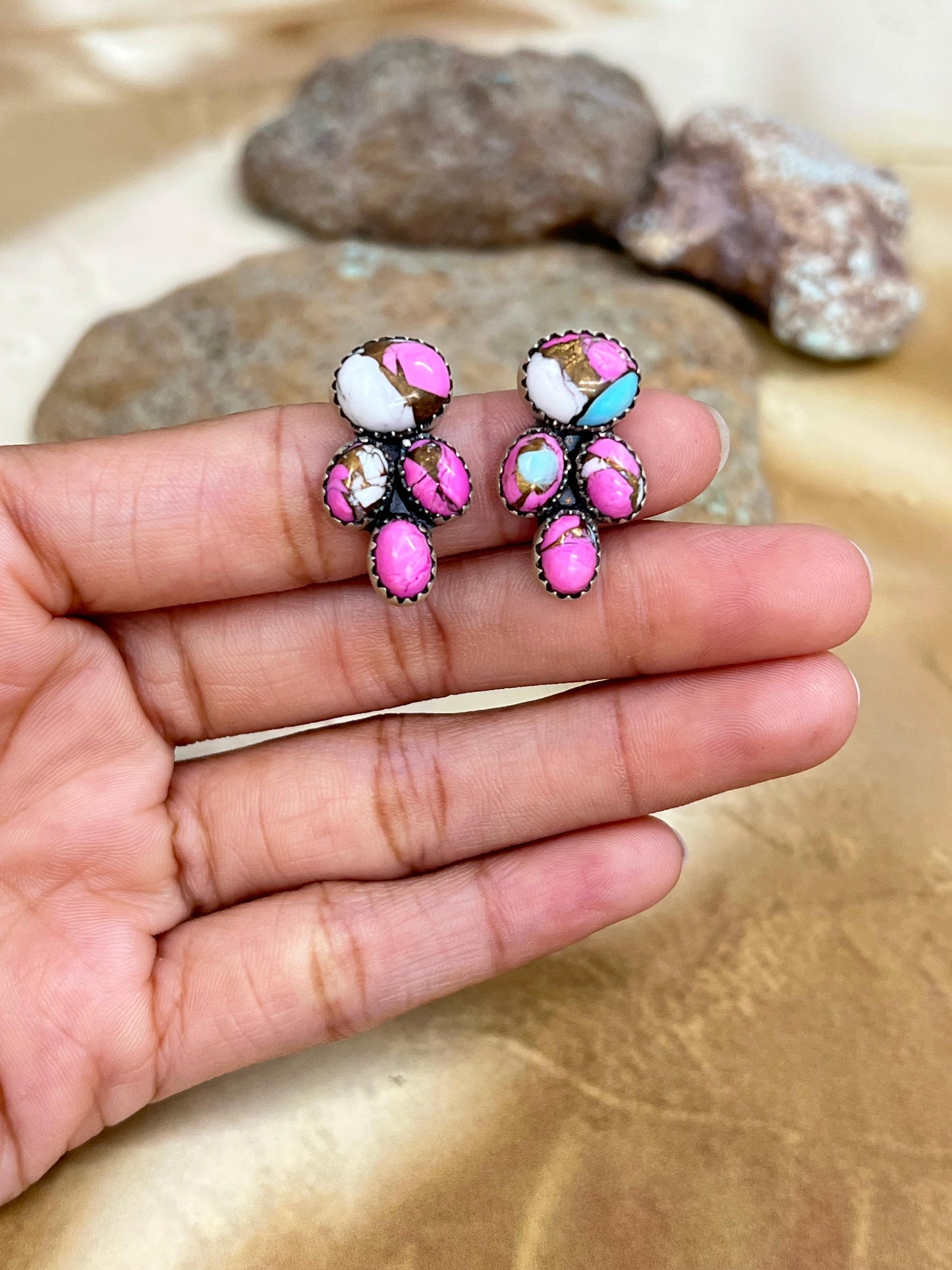 Handmade Sterling Silver Cotton Candy Turquoise Post Studs with Signed Nizhoni
