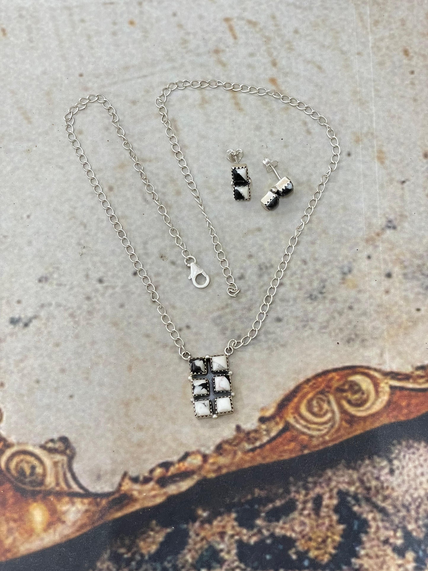 Handmade Sterling Silver White Buffalo Necklace Earrings Set with Signed Nizhoni